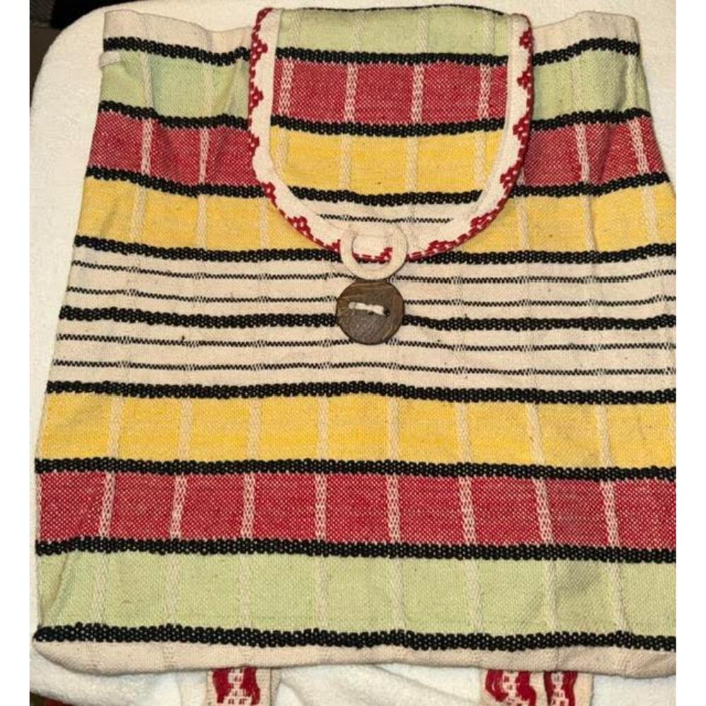 Brazil Sarape Woven Backpack | Multicolor Stripe Wooden Button Boho Festival Bag